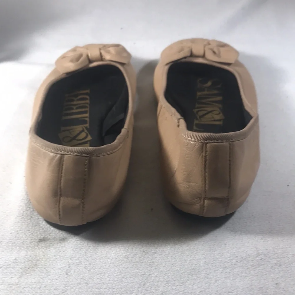 Sam & Libby Women's Bow-Accent Tan Leather Ballet Flats Size 8.5